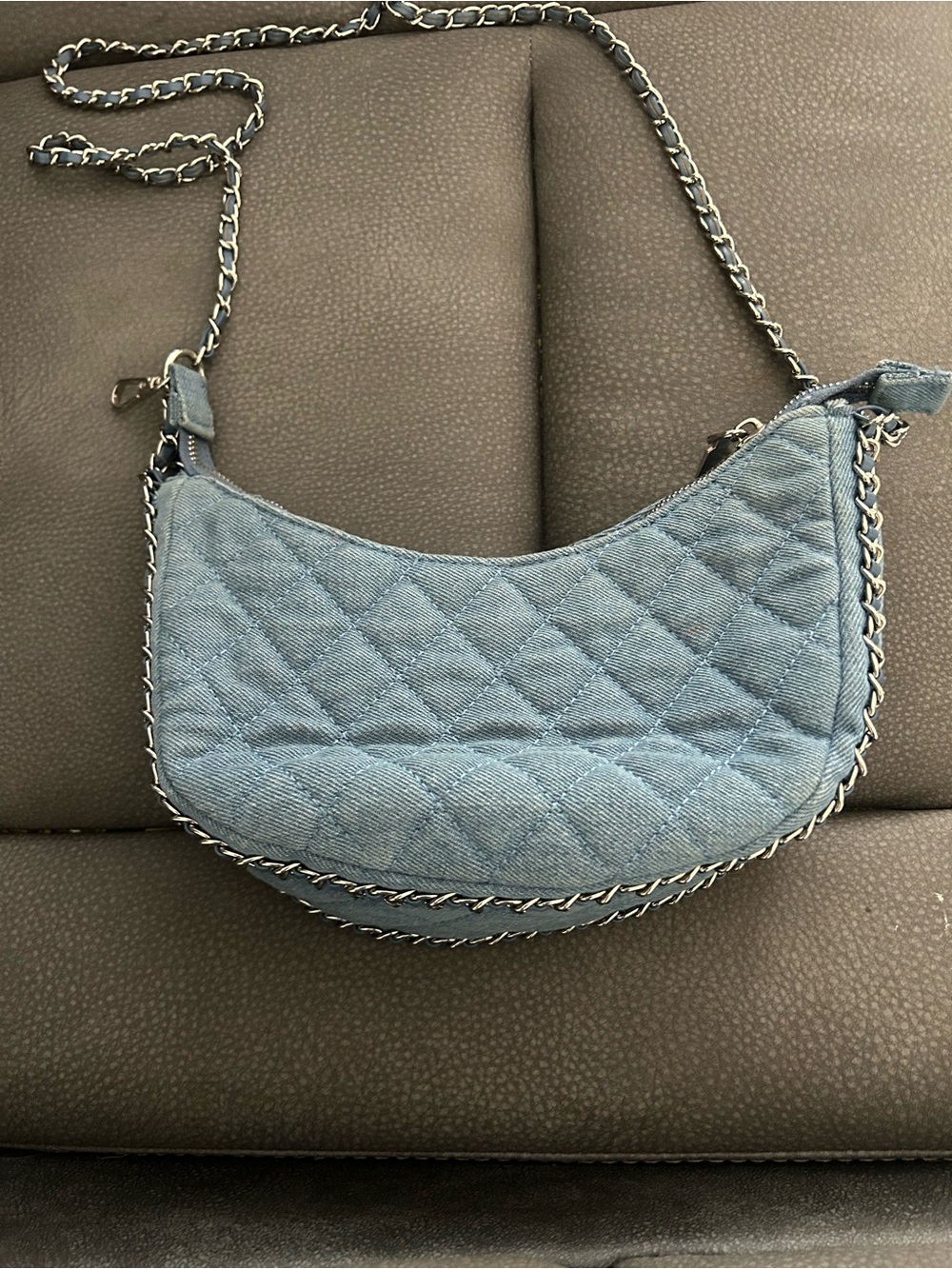 Madison West Quilted Denim Crescent Shoulder Bag in Blue